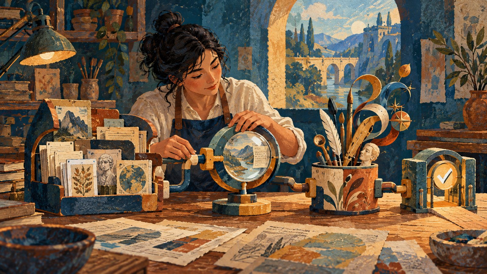 A person assembles complementary memory, research, creative, and approval tools at a workbench in a gouache illustration.