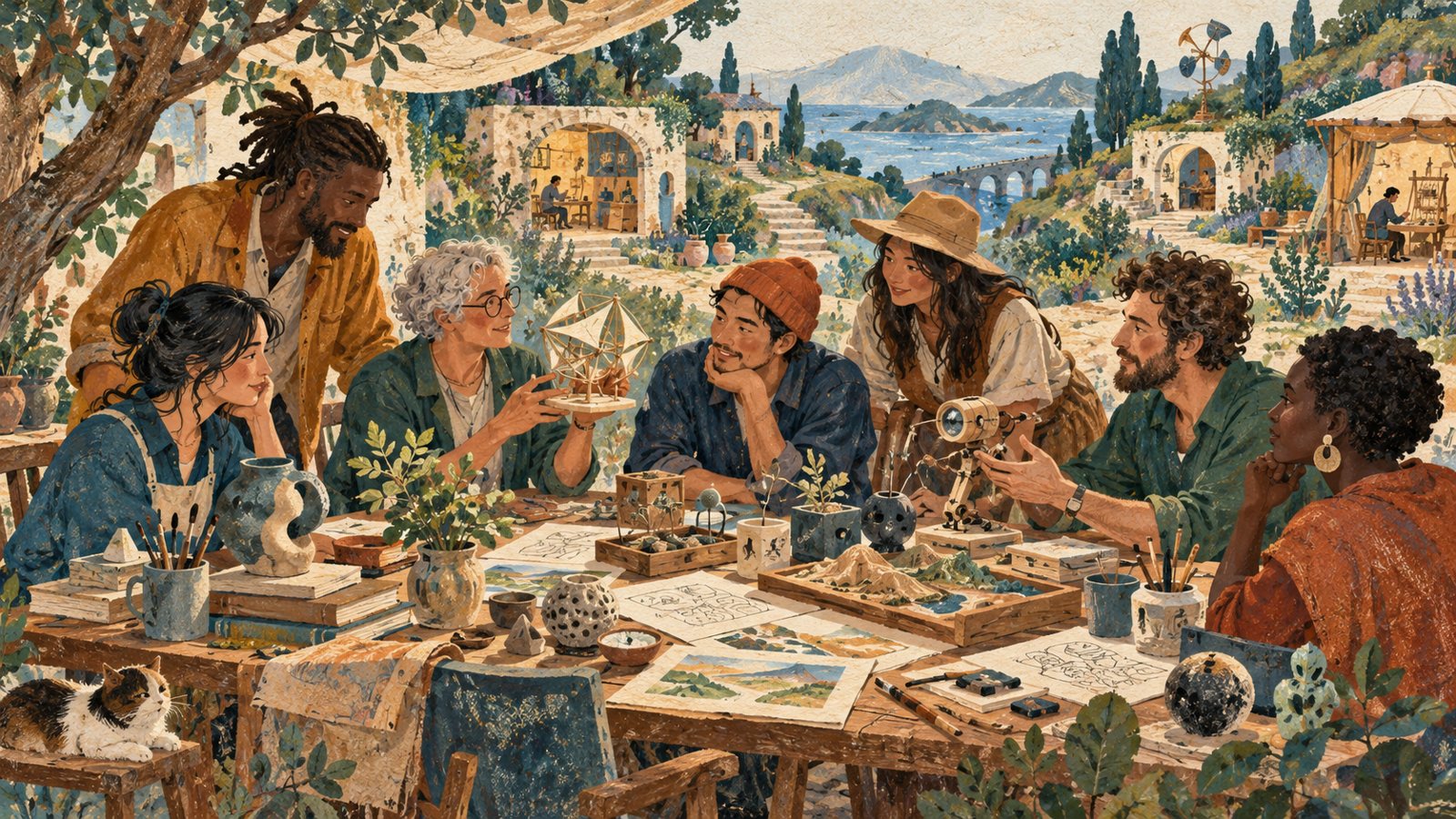 Independent builders share their work and ideas around a welcoming community table in a textured gouache illustration.