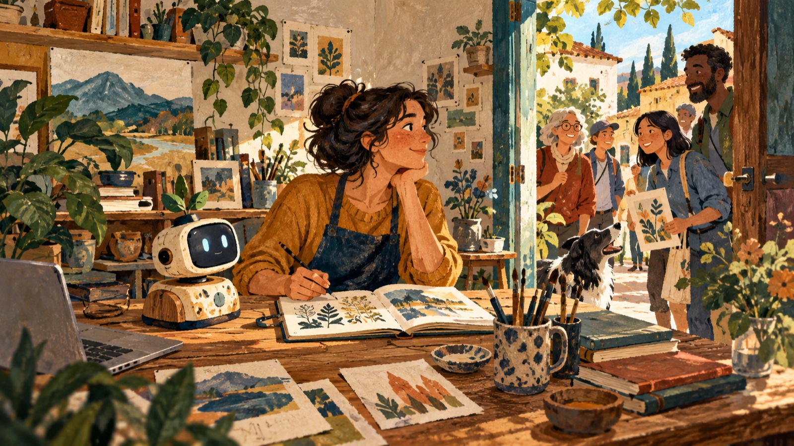A painted independent creator works in her studio, connected directly to her community.