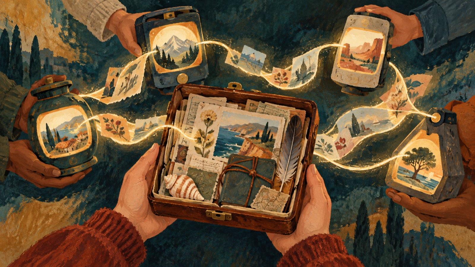 A painted portable archive connects memories across interchangeable lantern-like tools.